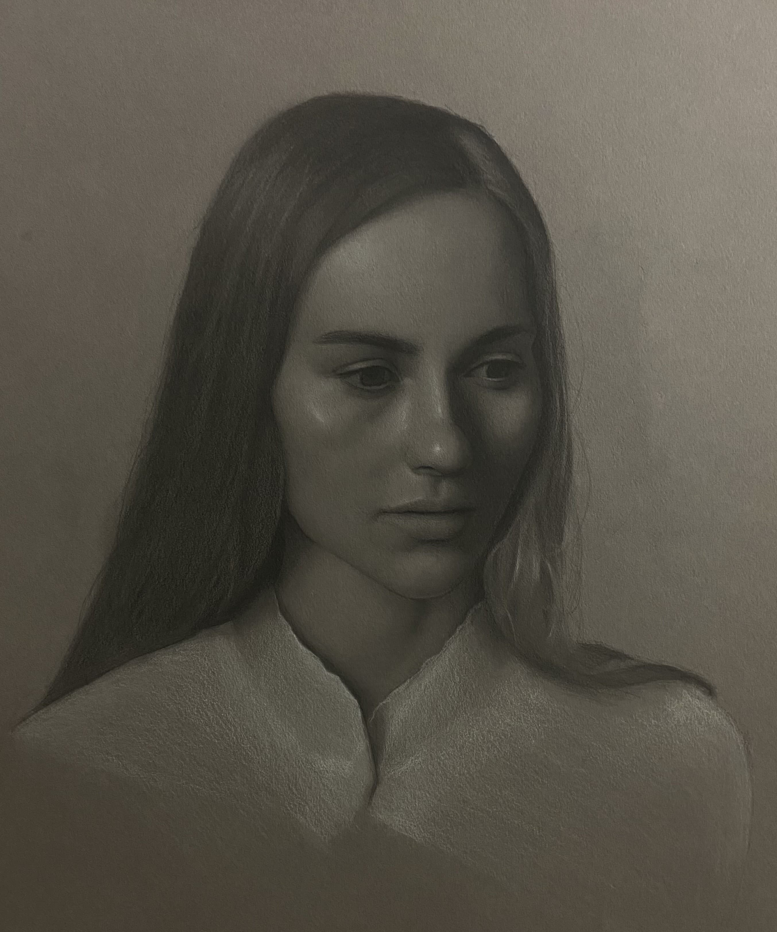 Graphite and white chalk on toned paper drawing titled Portrait of Alyssa by Omar Radwan