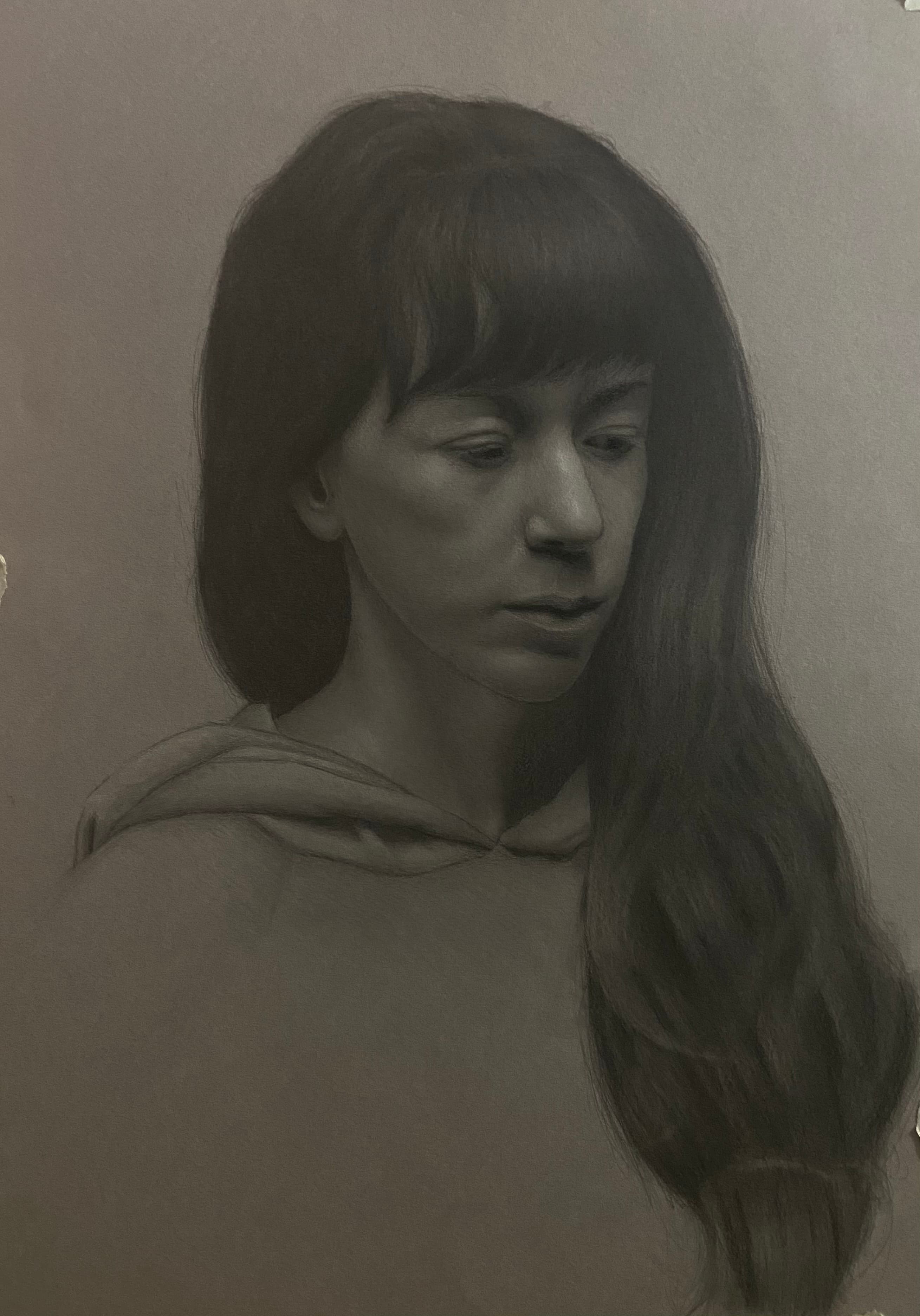 Graphite and white chalk on toned paper drawing titled Portrait of Liv by Omar Radwan