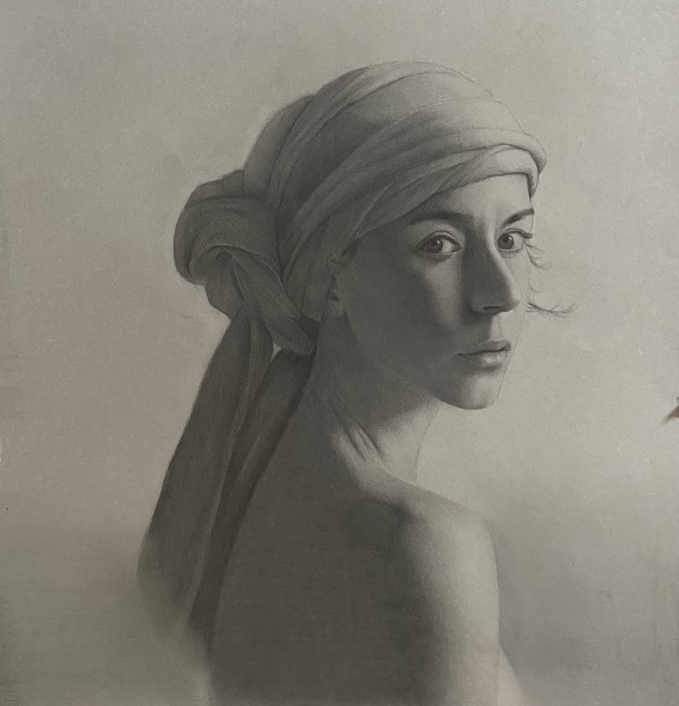 Graphite and white chalk on toned paper drawing titled Veiled Liv by Omar Radwan