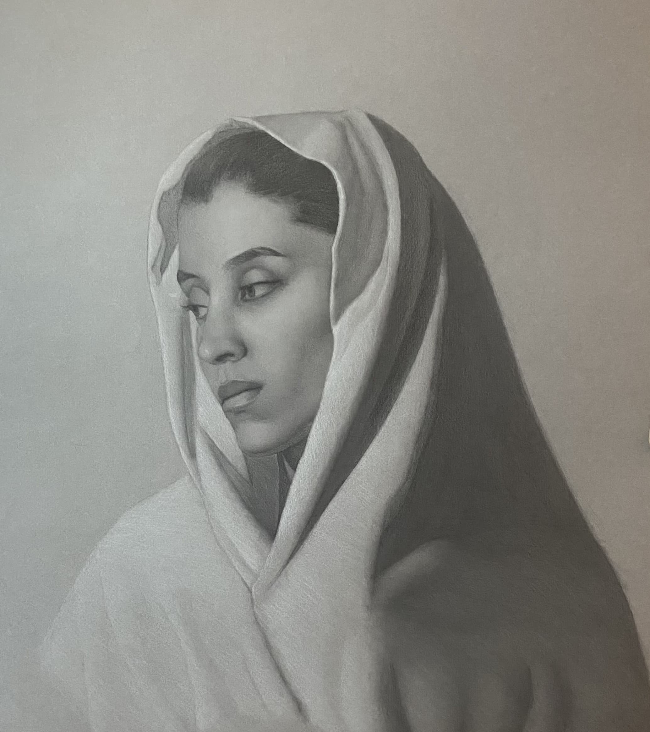 Graphite and white chalk on toned paper drawing titled Veiled by Omar Radwan