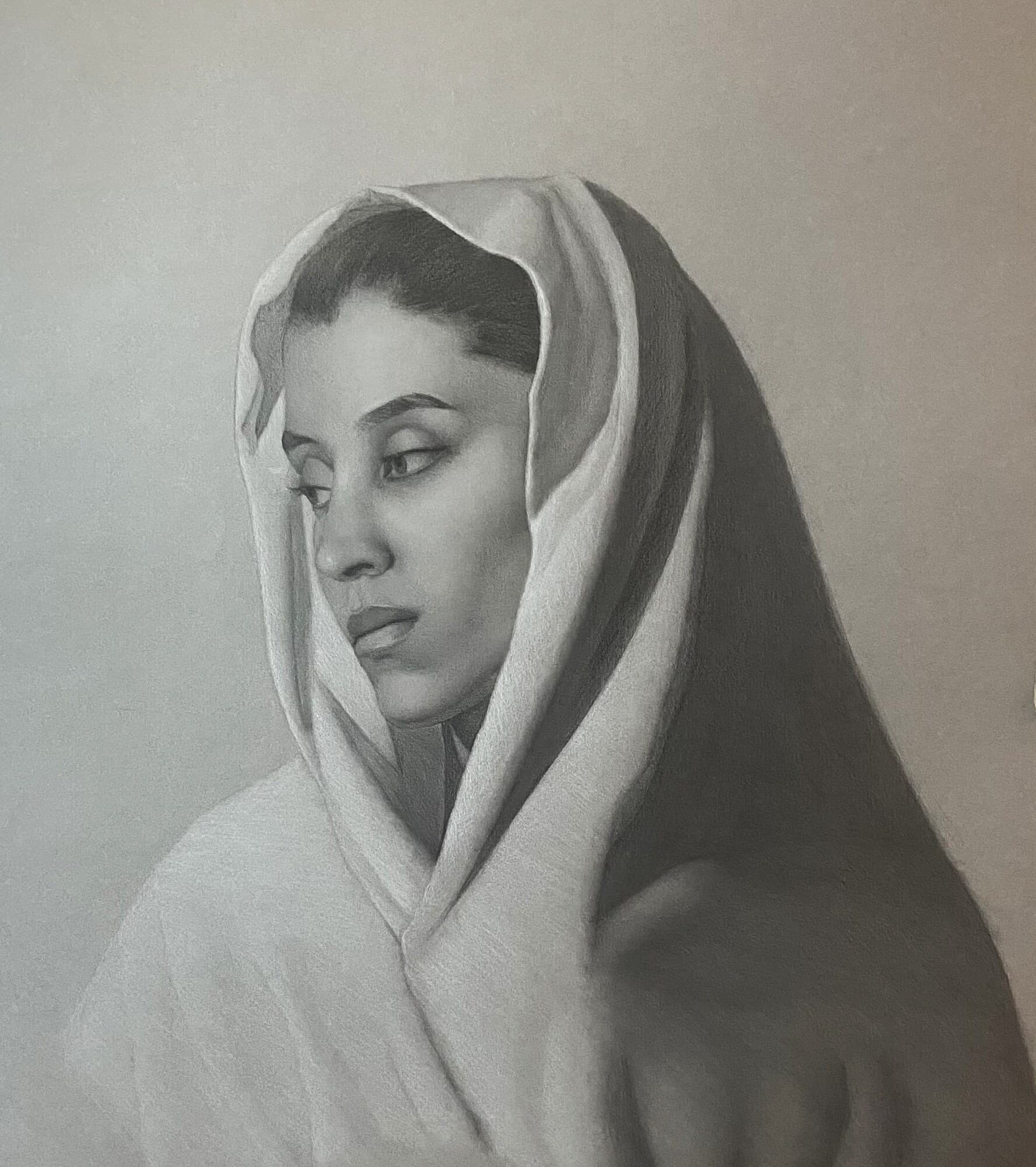 Graphite and white chalk on toned paper drawing titled Veiled by Omar Radwan