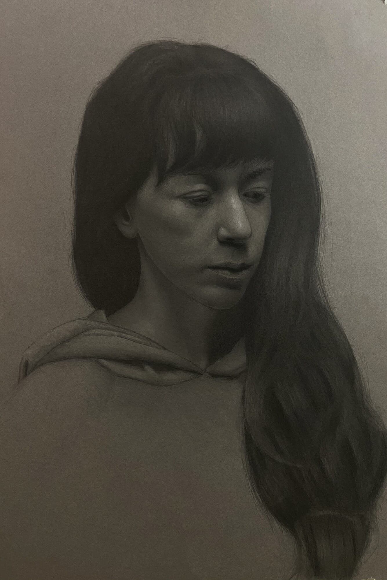 Graphite and white chalk on toned paper drawing titled Portrait of Liv by Omar Radwan
