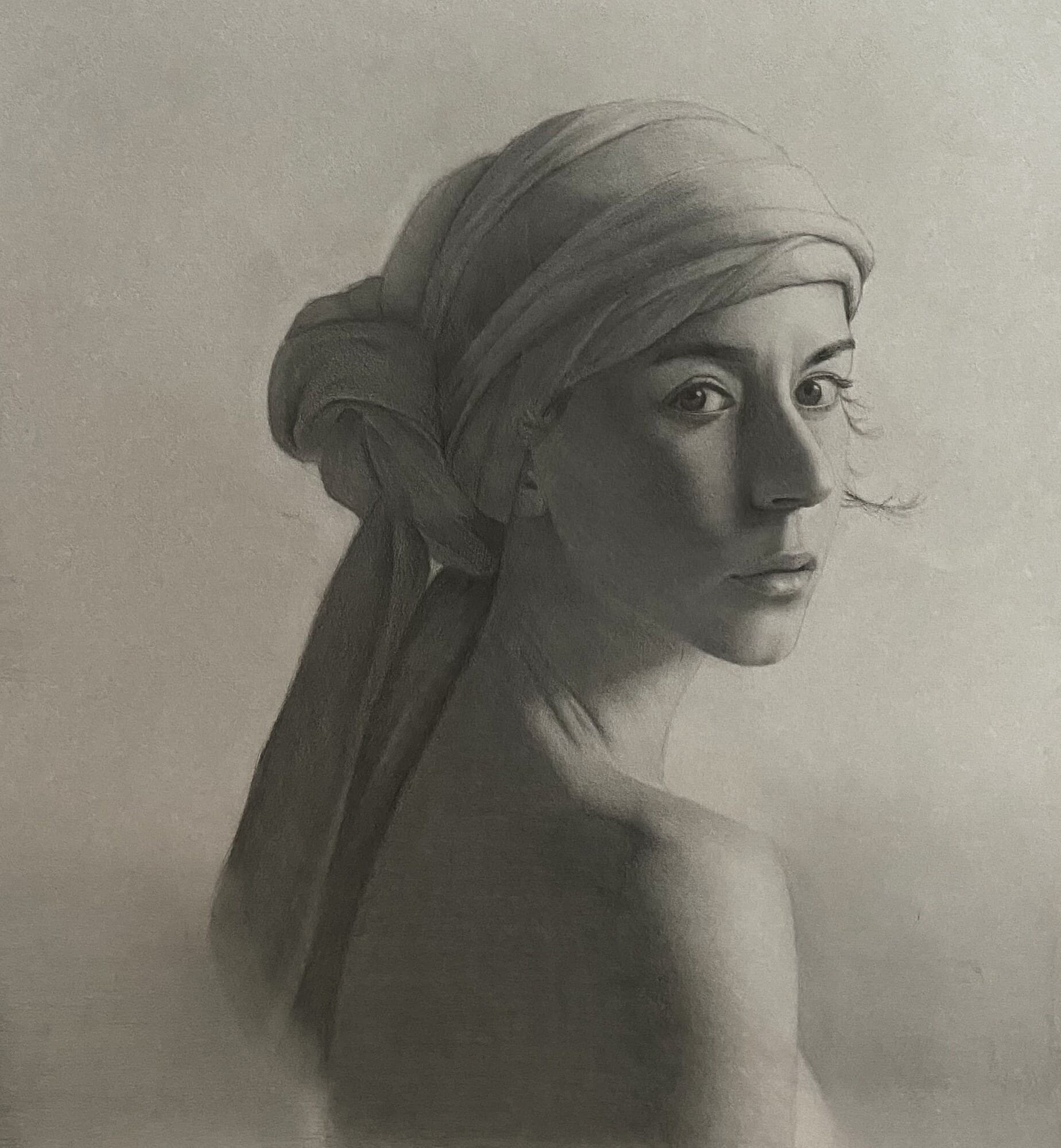Graphite and white chalk on toned paper drawing titled Veiled Liv by Omar Radwan